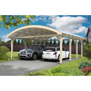 Skan Holz Doppelcarport Franken mit Bogendach und zwei geparkten Autos.