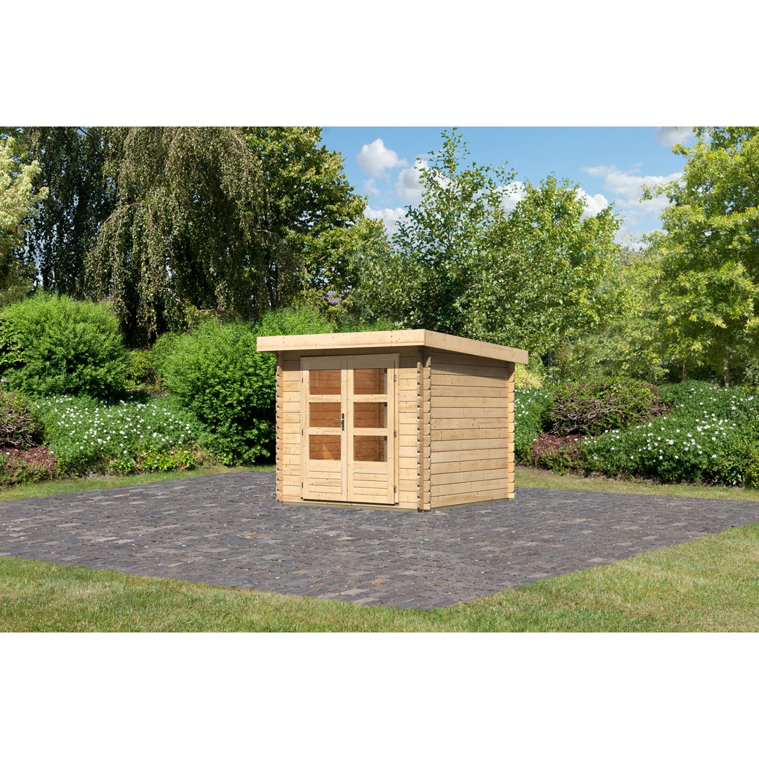 Karibu Holz-Gartenhaus Ängelholm Natur Pultdach Unbehandelt 220 cm x 220 cm