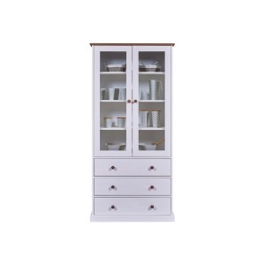 Weißer Vitrinenschrank Westerland mit 2 Glastüren, 3 Schubladen und brauner Deckplatte.