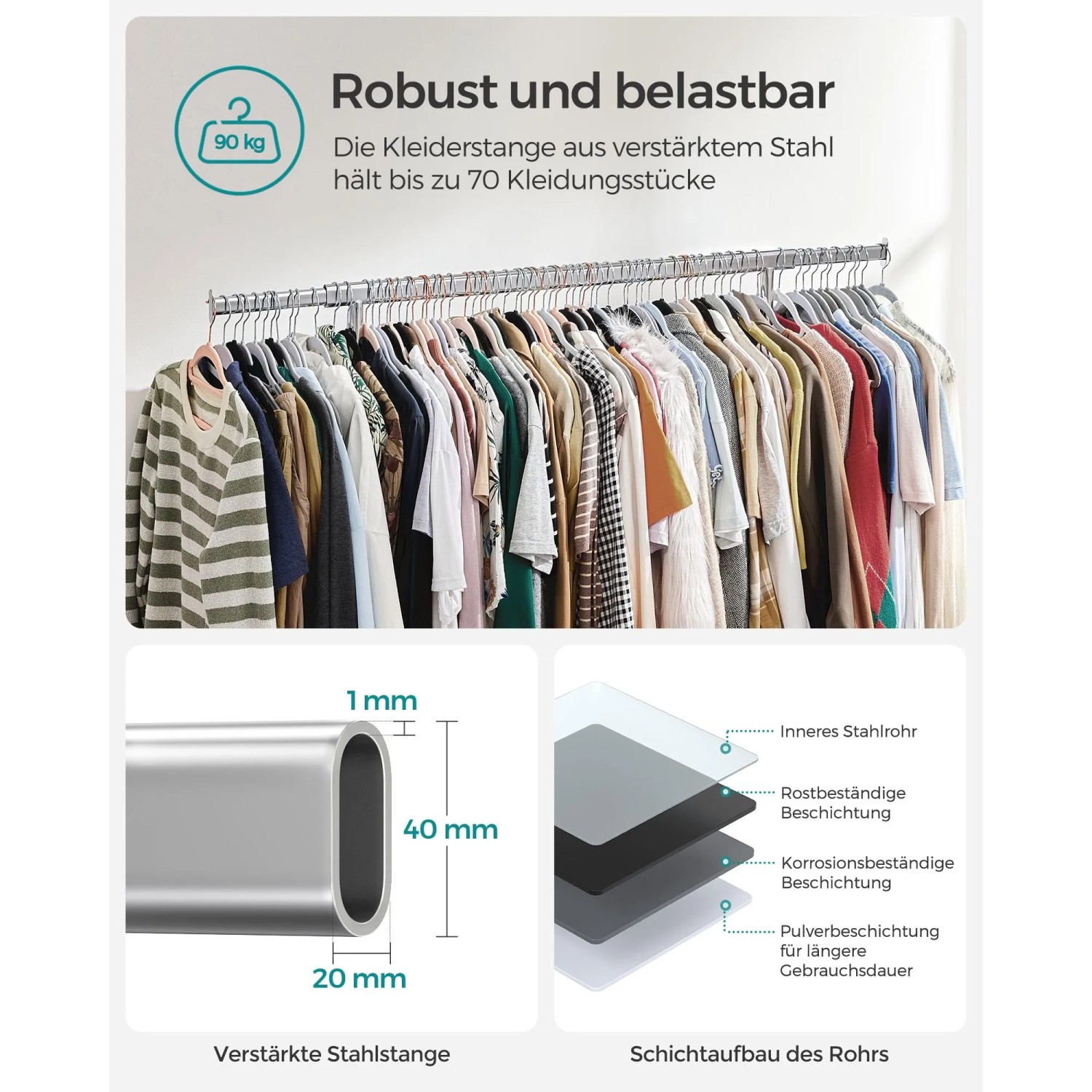 Silberner Songmics Kleiderständer mit Rollen, beladen mit Kleidung. Details zur Stahlrohr-Konstruktion.
