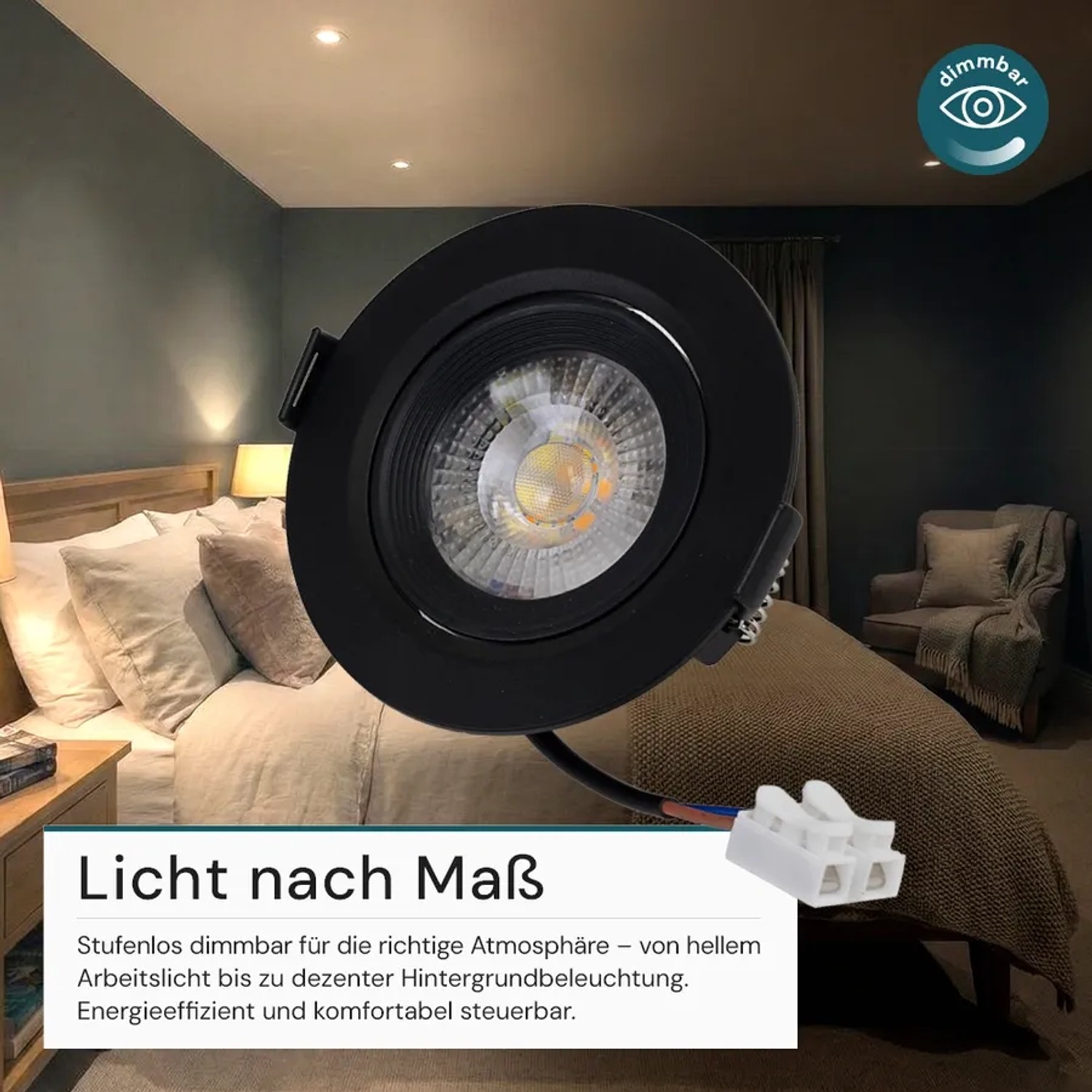 Schwarzer, dimmbarer LED Einbauspot (7W, 600lm) von LUXULA, geeignet zur Farbwahl, mit Netzteil.