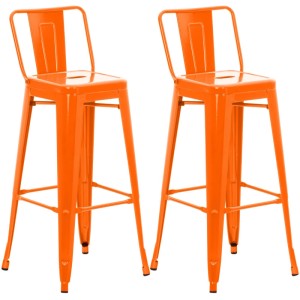 Zwei orangefarbene Barhocker Mason aus Metall mit Rückenlehne und Fußablage, im 2er Set.