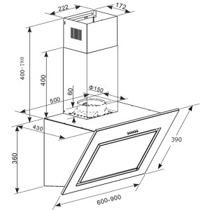 Technische Zeichnung der PKM Dunstabzugshaube S7-60ABTH, einer schwarzen Kopffreihaube mit Randabsaugung und LED-Beleuchtung.