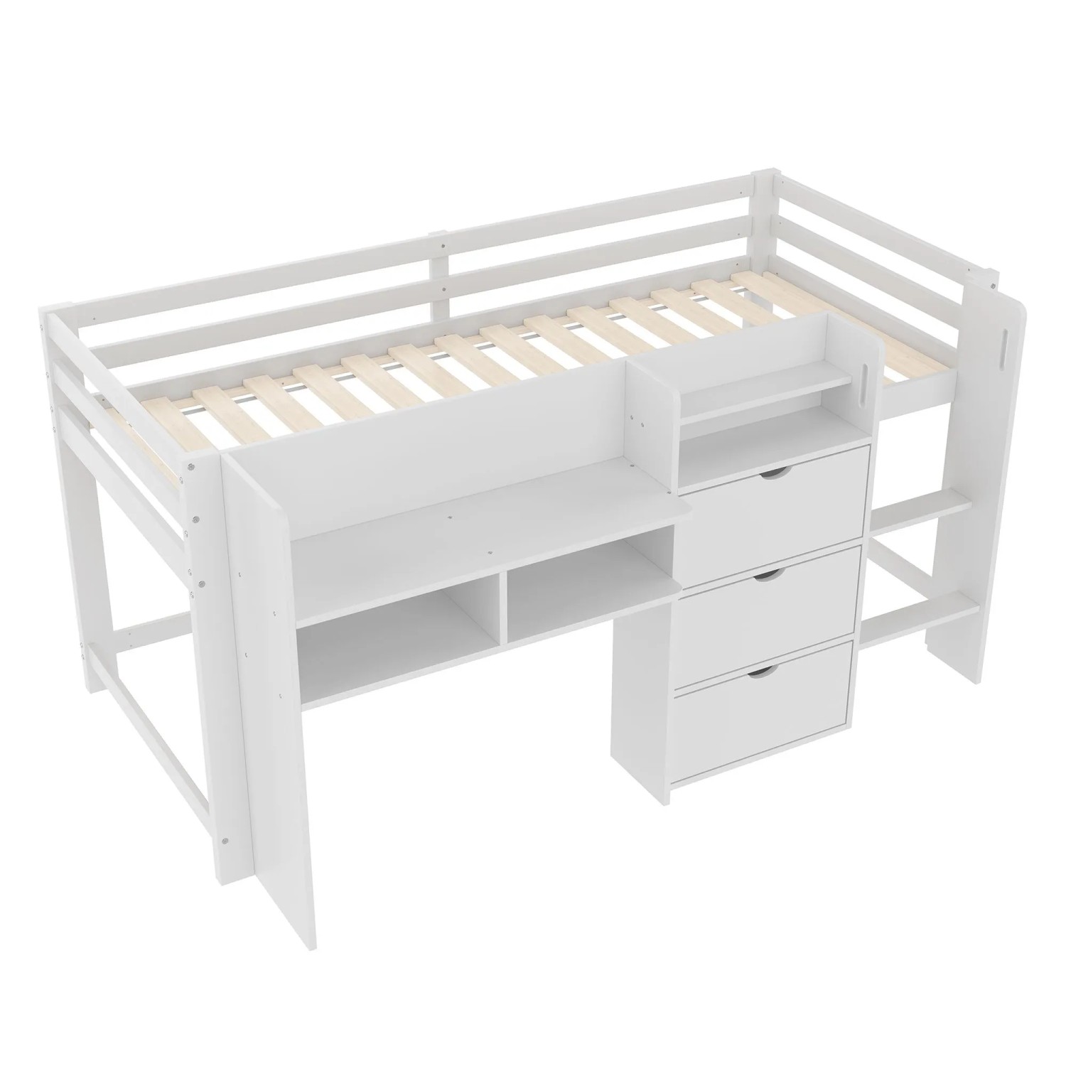 okwish Halbhohes Bett 90x200cm mit Hausform und Staufächern Weiß ohne Matratze