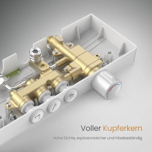Innenansicht Emke Duschsystem: Thermostat, Bedienelemente, Kupferkern für hohe Sicherheit.