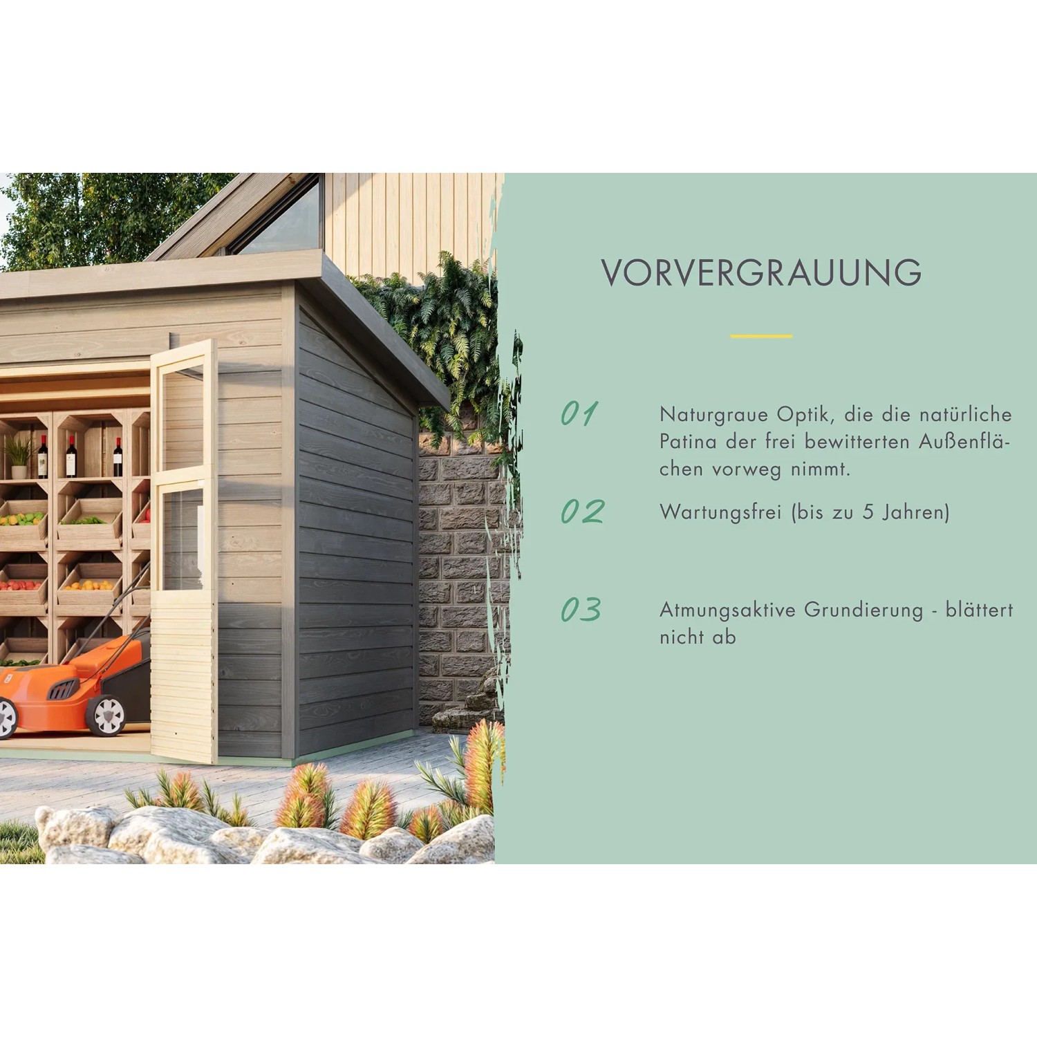 Karibu Gartenhaus Vellinge mit Anbaudach, vorvergraut, mit Rasenmäher und Regalen im Hintergrund.