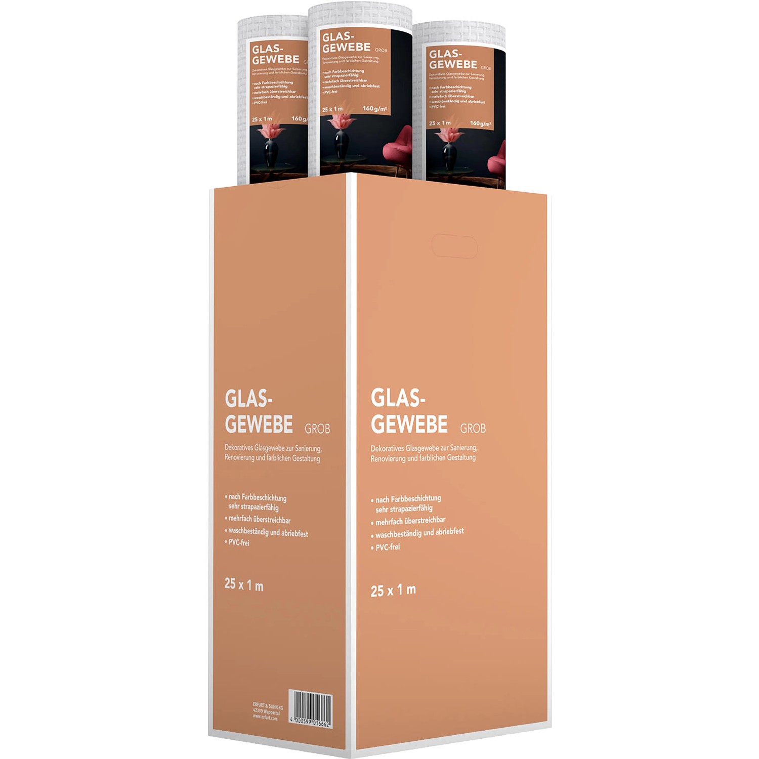 Weiße Glasfasertapete grob, mehrfach überstreichbar, Rollenware für Wandgestaltung.