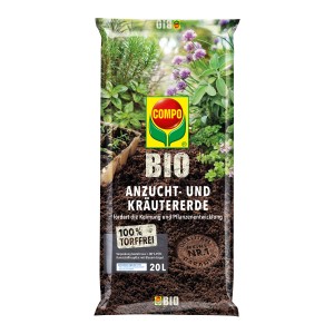 Sack Compo Bio Anzucht- und Kräutererde, torffrei, 20 l. Ideal für die Aussaat und Kultivierung von Kräutern.
