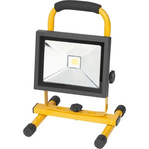Tragbarer LED-Baustrahler mit Akku, 20 W, gelbes Gestell und schwarzer Leuchtenkopf.
