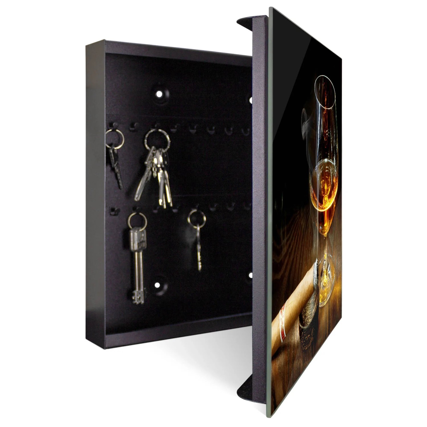 Banjado Schlüsselkasten mit Glasfront, Motiv Whiskey & Cigar, 50 Haken, magnetisch und beschreibbar.