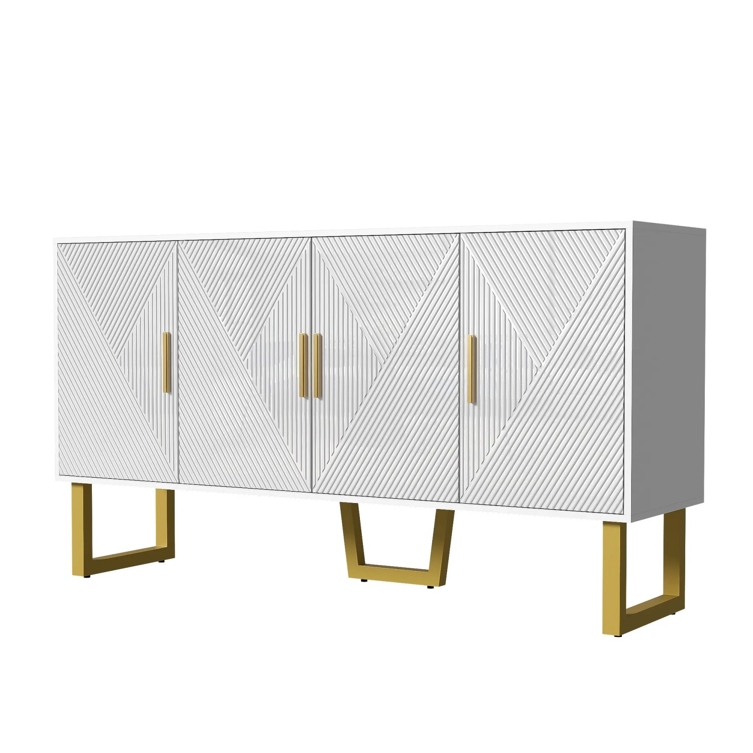 okwish Sideboard mit 4 Türen Goldgriffen Verstellbaren Regalen Wohnzimmer 150x40x82cm Weiß