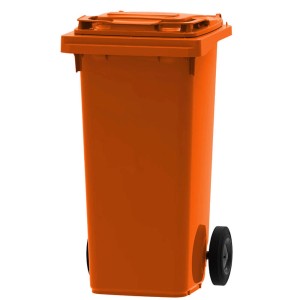 Orangefarbene PROREGAL Mülltonne Premium mit 2 Rädern, 120 Liter Fassungsvermögen.