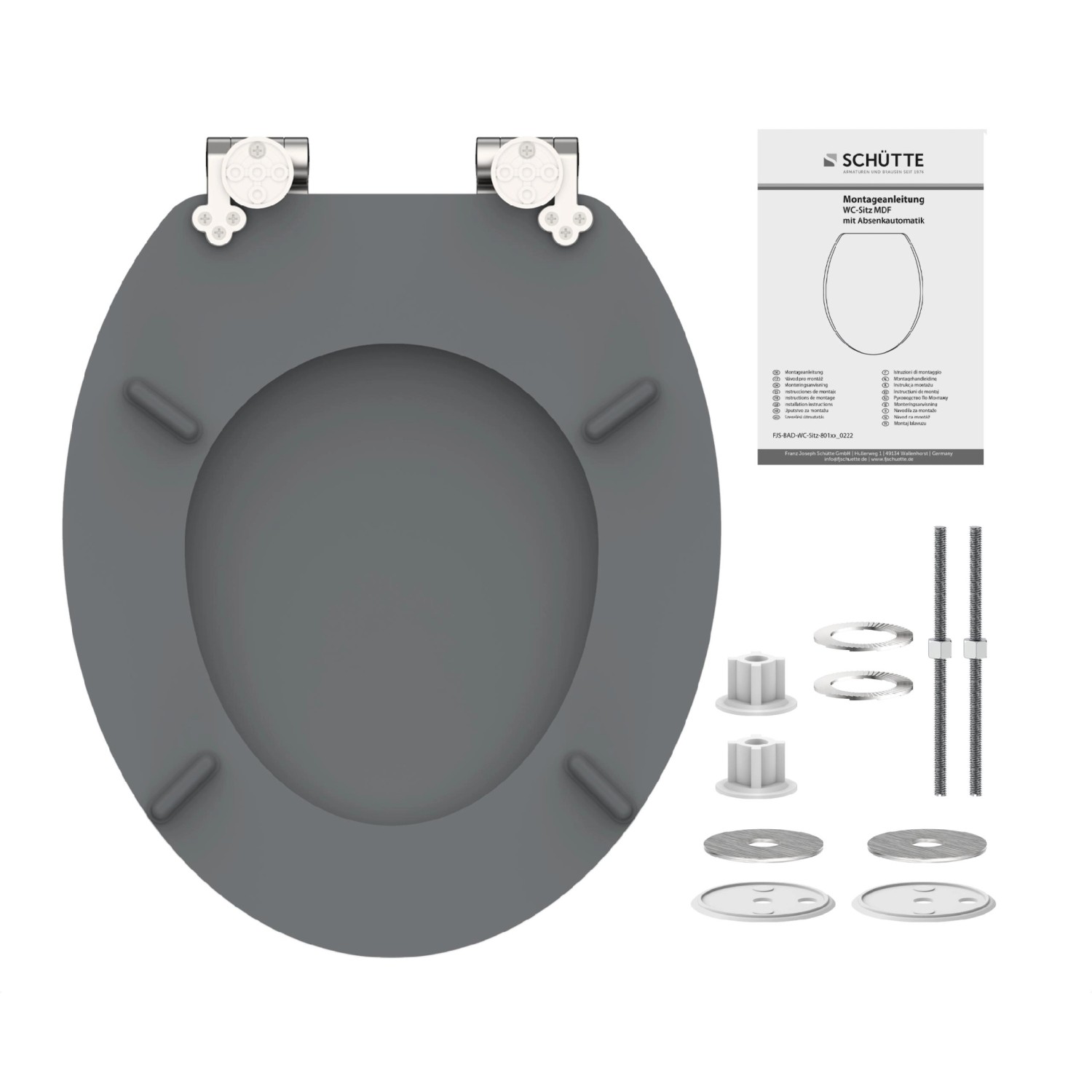 Schütte WC-Sitz Spirit Grey mit Absenkautomatik und Befestigungsmaterial.
