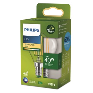 Philips LED-Lampe E14 Tropfenform, 2,3W, klar. Energiesparendes Leuchtmittel in Produktverpackung.