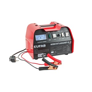 Eufab Werkstattladegerät CB-20 zum Laden von Autobatterien, mit Ladeanzeige und Klemmen.