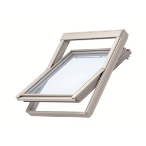 VELUX Schwingfenster F04 aus Kunststoff, geöffnet, für Dachfenster mit einfacher Bedienung.