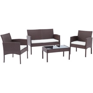 Braune Polyrattan Sitzgruppe Ramunda: 2 Sessel, Sofa, Gartentisch mit Glasplatte und weißen Kissen für Outdoor.