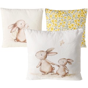 Boltze Kissen Mayla 3er Set, Ostern Deko mit Hasenmotiven und gelbem Blumenmuster, 40x40 cm
