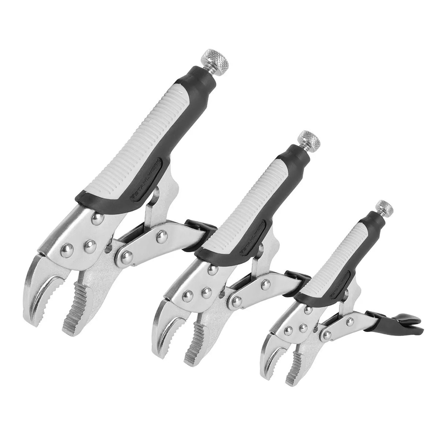 Drei STAHLWERK Gripzangen mit gebogenen Backen, silbernem Metall und ergonomischen schwarz-grauen Griffen. Einstellbarer Klemmbereich für Werkstatt.