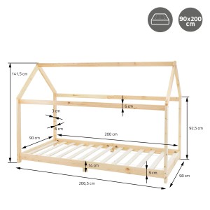 ML-Design Kinderbett 90x200 cm mit Dach, Hausbett aus Kiefernholz, Natur
