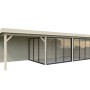 Palmako Pavillon Lenna Set mit Schiebetüren und naturbelassenem Holz. Ideal als Gartenlounge.