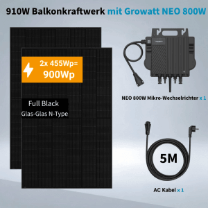 Growatt Balkonkraftwerk 910W Komplettset mit 2 Solarmodulen, 800W Wechselrichter und 5m AC Kabel.