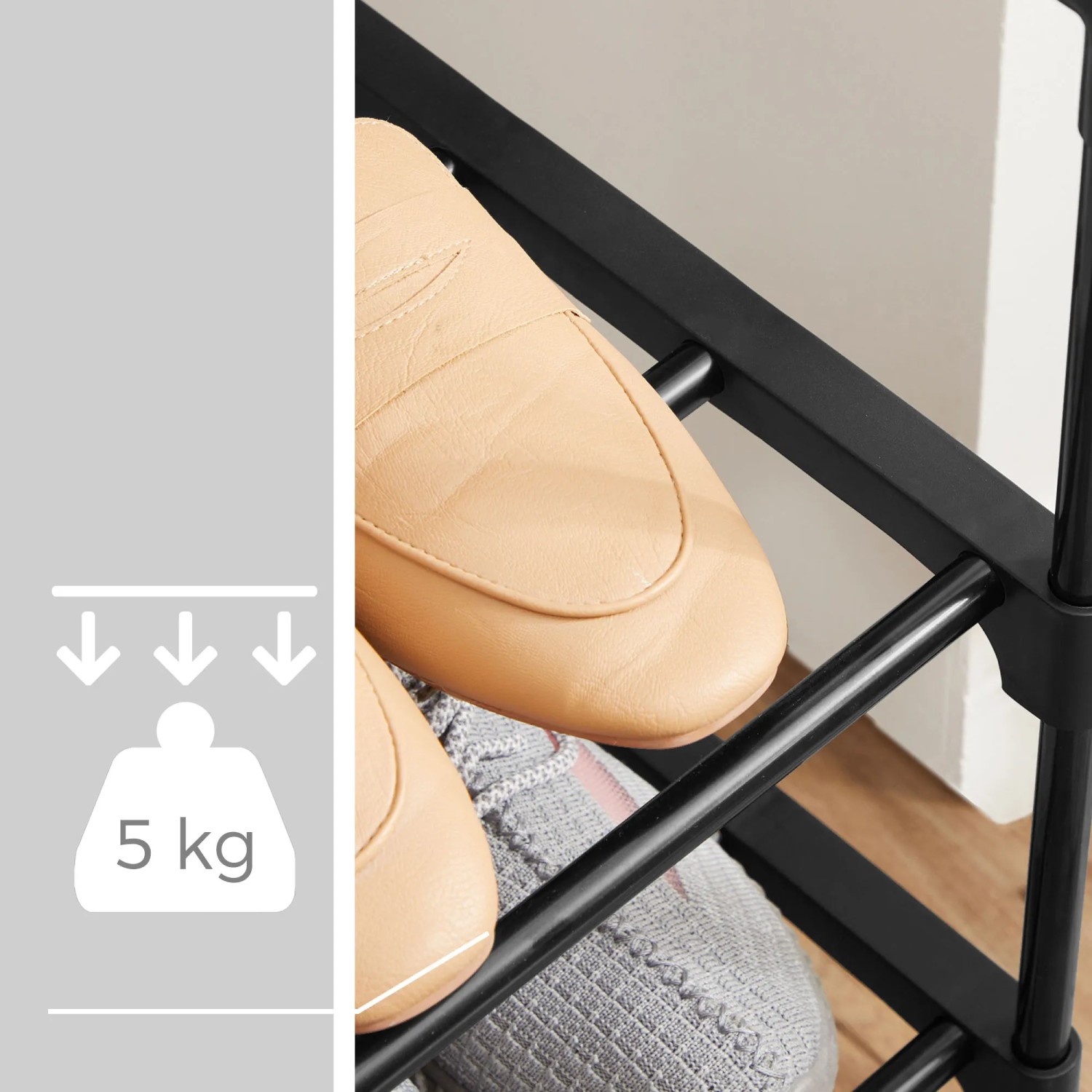 Detailaufnahme: Schwarzes Songmics Schuhregal mit Schuhen, Belastbarkeit 5 kg pro Ebene.