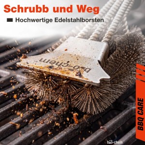 bio-chem Edelstahl Grillbürste mit Schaber reinigt Grillrost. Robuste BBQ Reinigungsbürste für hartnäckige Rückstände.