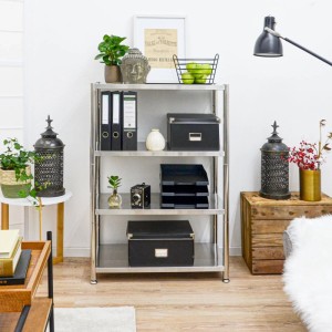 Schwerlast Edelstahl Regal mit 4 silbernen Ebenen, 74x41x109 cm, für Büro oder Wohnzimmer. Bietet viel Stauraum.