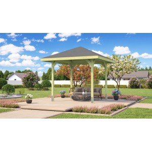 Weka Holz-Pavillon Paradies, imprägniert, 218x218 cm, mit Gartenmöbeln auf Terrasse im Garten.