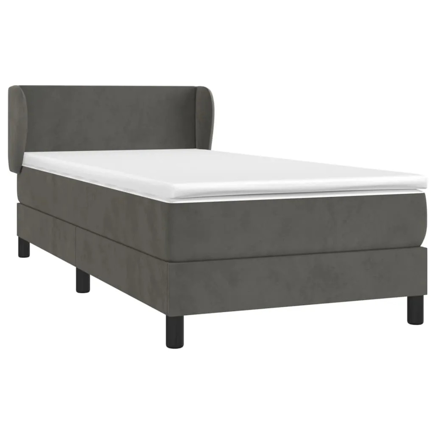 Dunkelgraues Boxspringbett (90x200 cm) mit Matratze und Samtbezug.