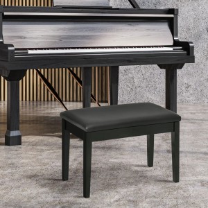 Schwarze Klavierbank mit Lederkissen und Stauraum von HOMCOM, passend zum Klavier.
