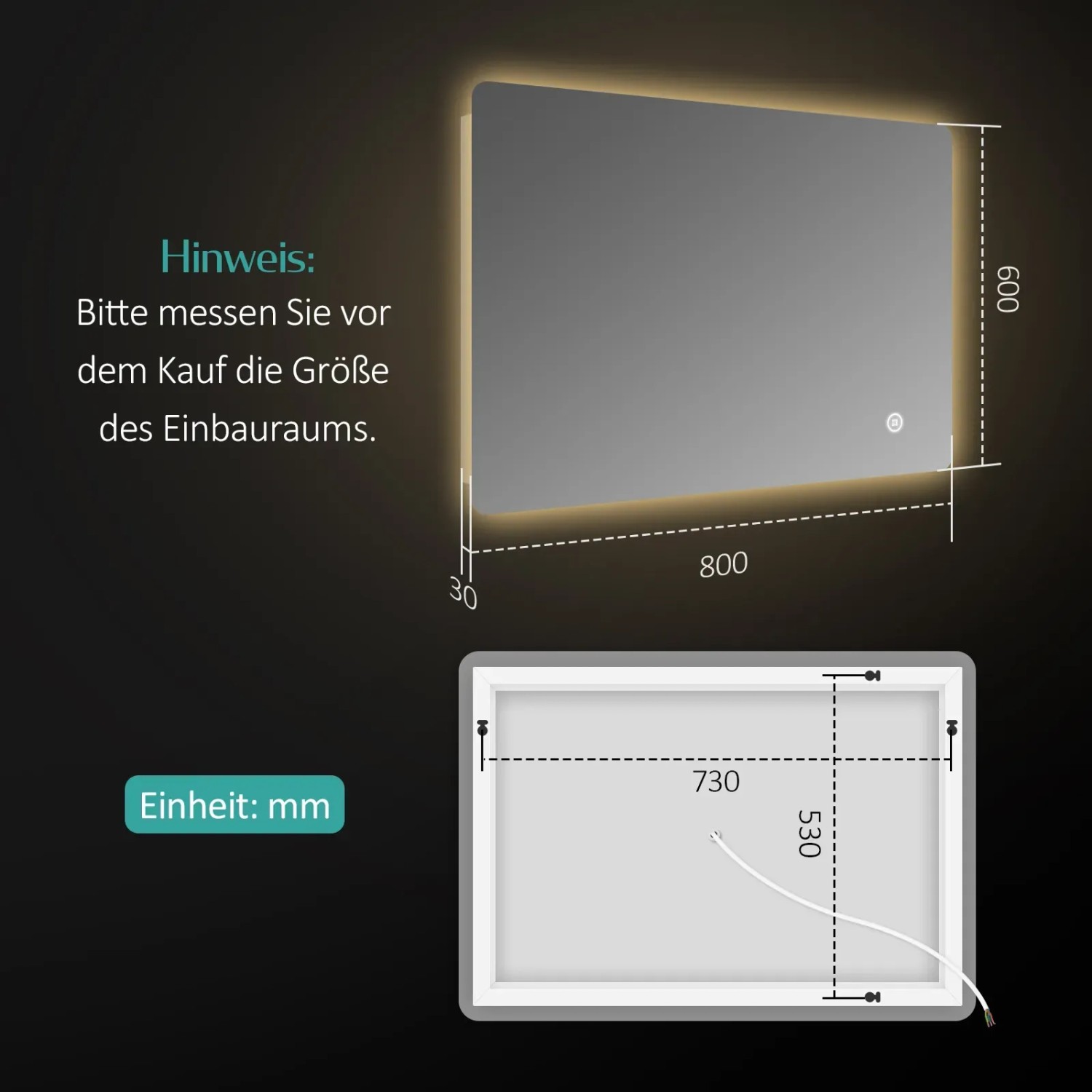 Emke Badspiegel LED 80x60 cm mit Antibeschlag und Touchschalter, Maße und Rückansicht.