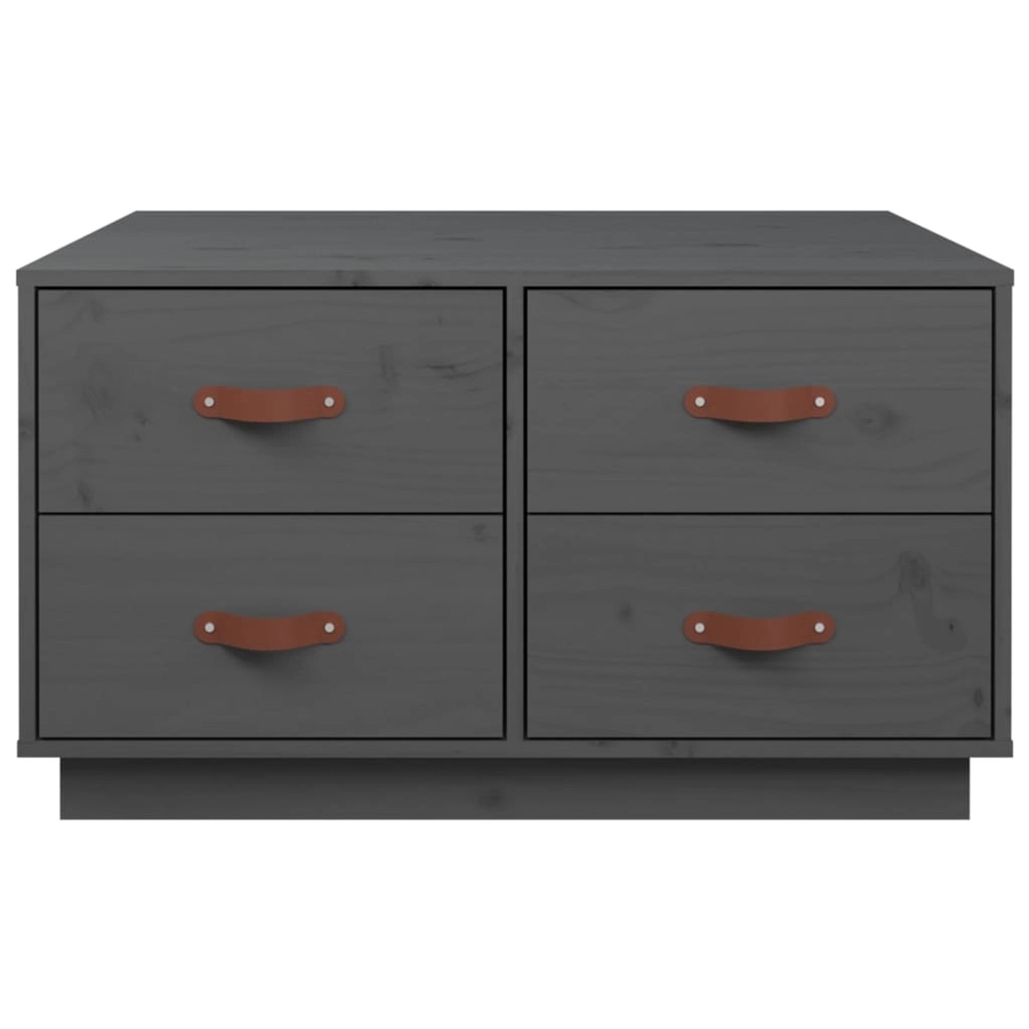 Grauer vidaXL Couchtisch aus Kiefernholz mit vier Schubladen und Ledergriffen.