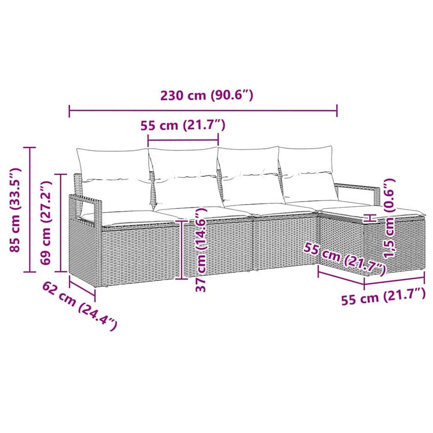 Beiges 5-teiliges Garten-Sofa-Set aus Poly Rattan mit Maßen.