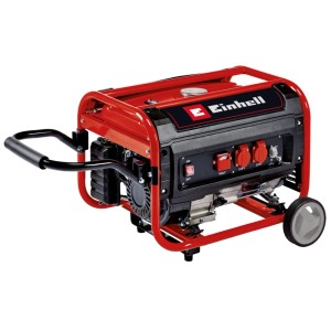Roter Einhell Benzin-Stromerzeuger TC-PG 35/E5 mit Rädern, Klappgriff und 2 Steckdosen. Mobiler Stromgenerator.