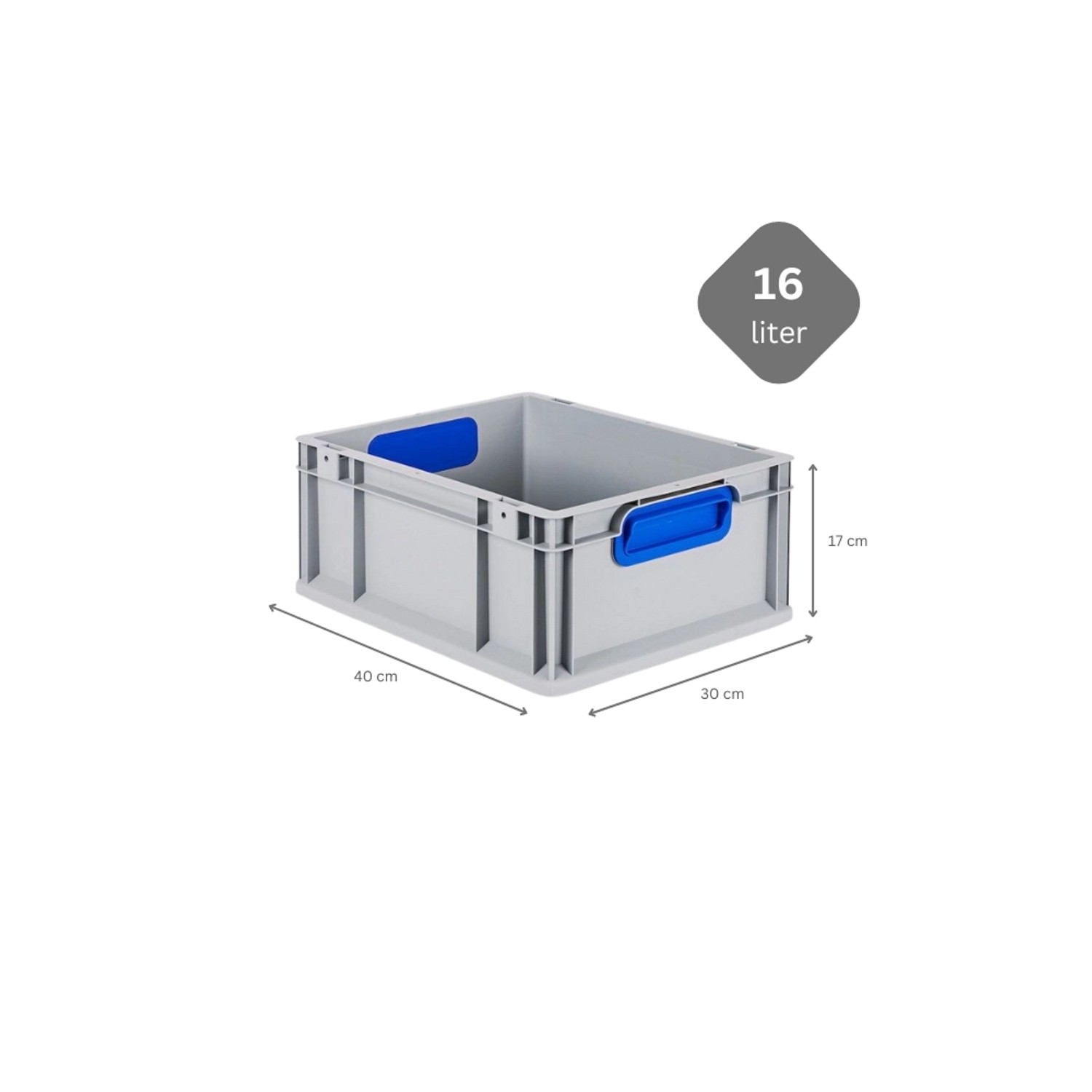 Graue PROREGAL Eurobox mit blauem Scharnierdeckel, 17x30x40 cm. Ideal zur Aufbewahrung.