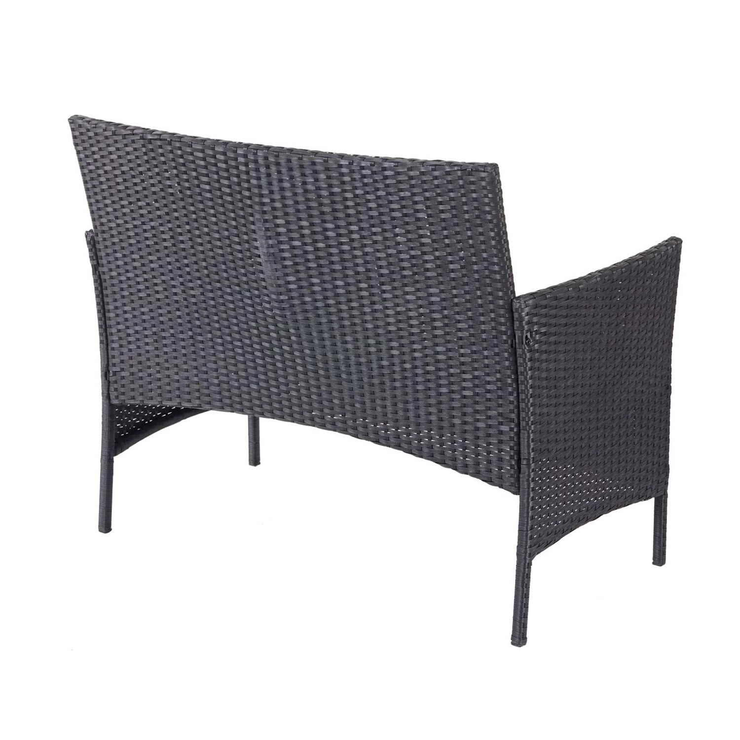 Schwarze Poly-Rattan Gartenbank der MCW Garnitur, 4-teilig. Rückansicht der Loungebank.