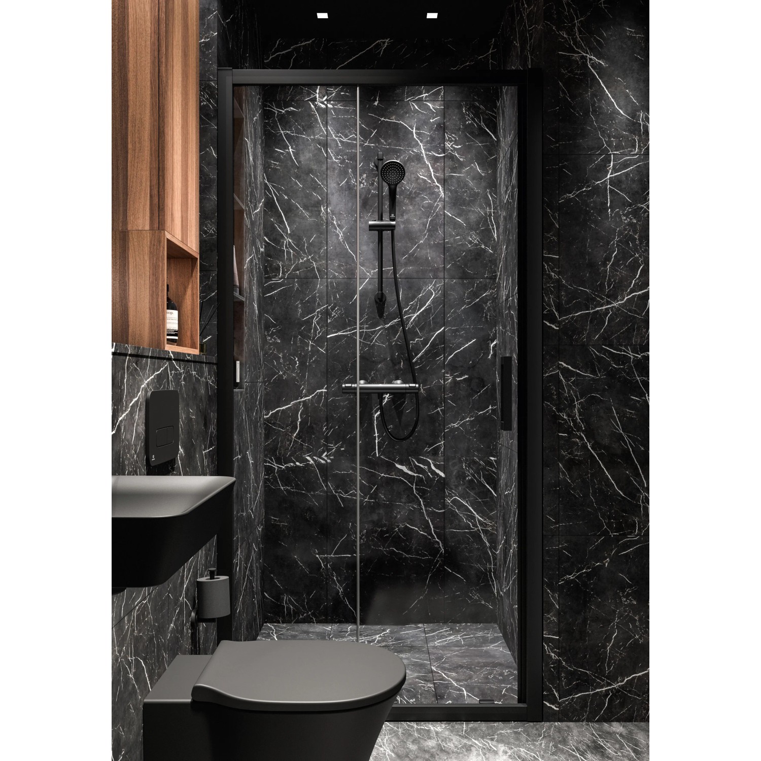 Schwarzes Ideal Standard Connect Air Handwaschbecken (40 cm) mit Armatur in Marmorbad.