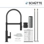 Schütte Spültischarmatur Miami Schwarz-Matt mit Zubehör wie Schläuche und Montageanleitung.