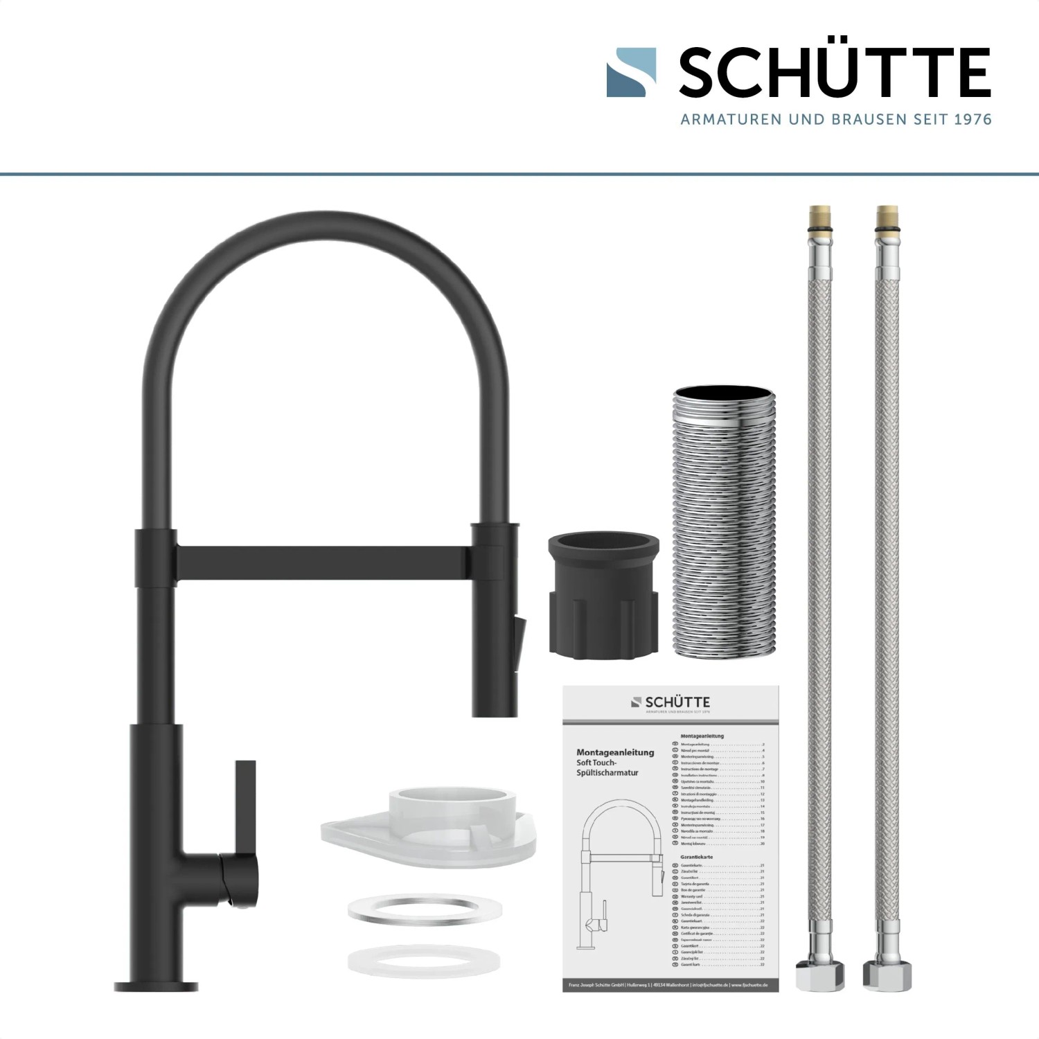 Schütte Spültischarmatur Miami Schwarz-Matt mit Zubehör wie Schläuche und Montageanleitung.
