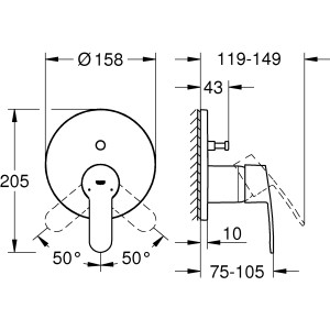 Technische Zeichnung: Grohe Eurostyle Cosmopolitan Einhand-Wannenbatterie, Chrom, mit Maßangaben.