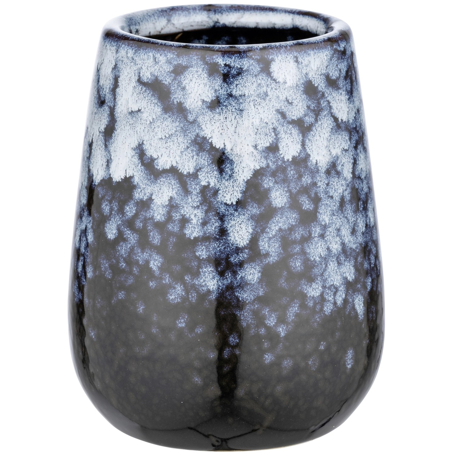 Blauer Zahnputzbecher Rosali Drop von Wenko aus Keramik mit abstraktem Muster.