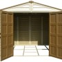 Offenes Duramax Kunststoff-Gartenhaus WoodBridge Plus 7,6 m² in Beige und Braun.