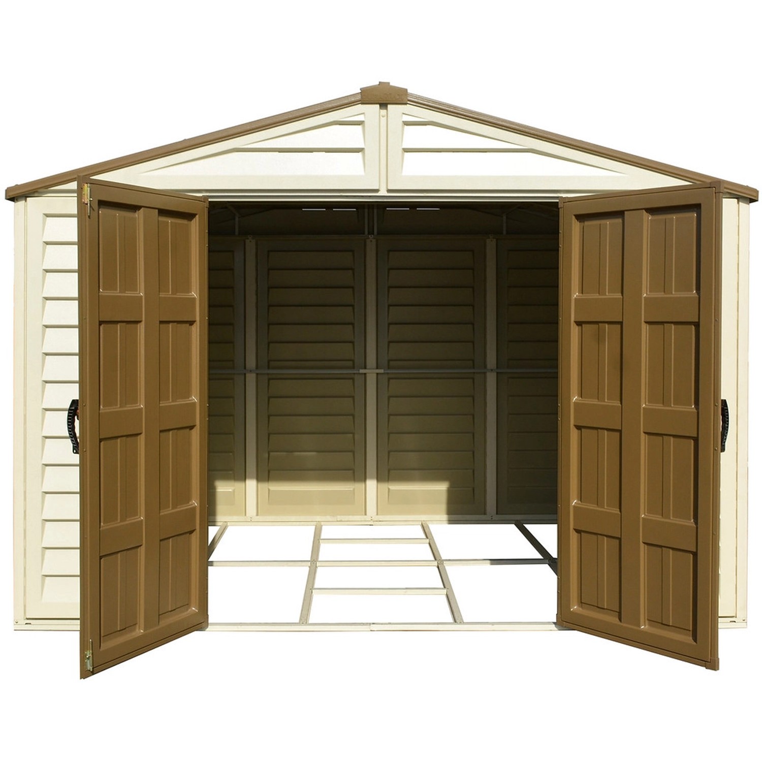Offenes Duramax Kunststoff-Gartenhaus WoodBridge Plus 7,6 m² in Beige und Braun.