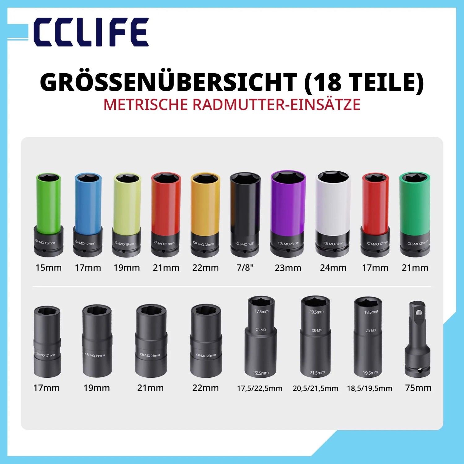 CCLIFE 18-tlg. 1/2 Zoll Radmutter Stecknuss Set. Bunte und schwarze metrische Stecknüsse für Felgen, verschiedene Größen.