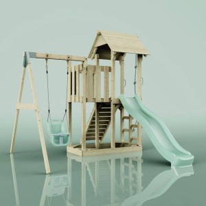 PolarPlay Babyschaukel Bergen mintgrün mit Spielturm und Rutsche für den Garten.