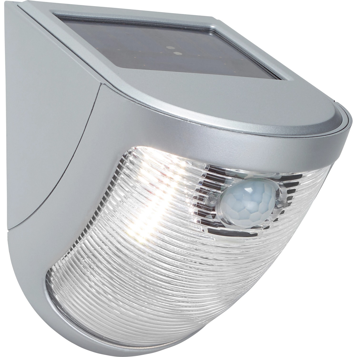 Silberne LED-Solar Wandleuchte mit Bewegungssensor aus Kunststoff.
