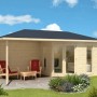 Alpholz 5-Eck Gartenhaus Liwa mit Walmdach, unbehandelt, 575x274 cm. Holz-Gartenhaus mit Terrasse.