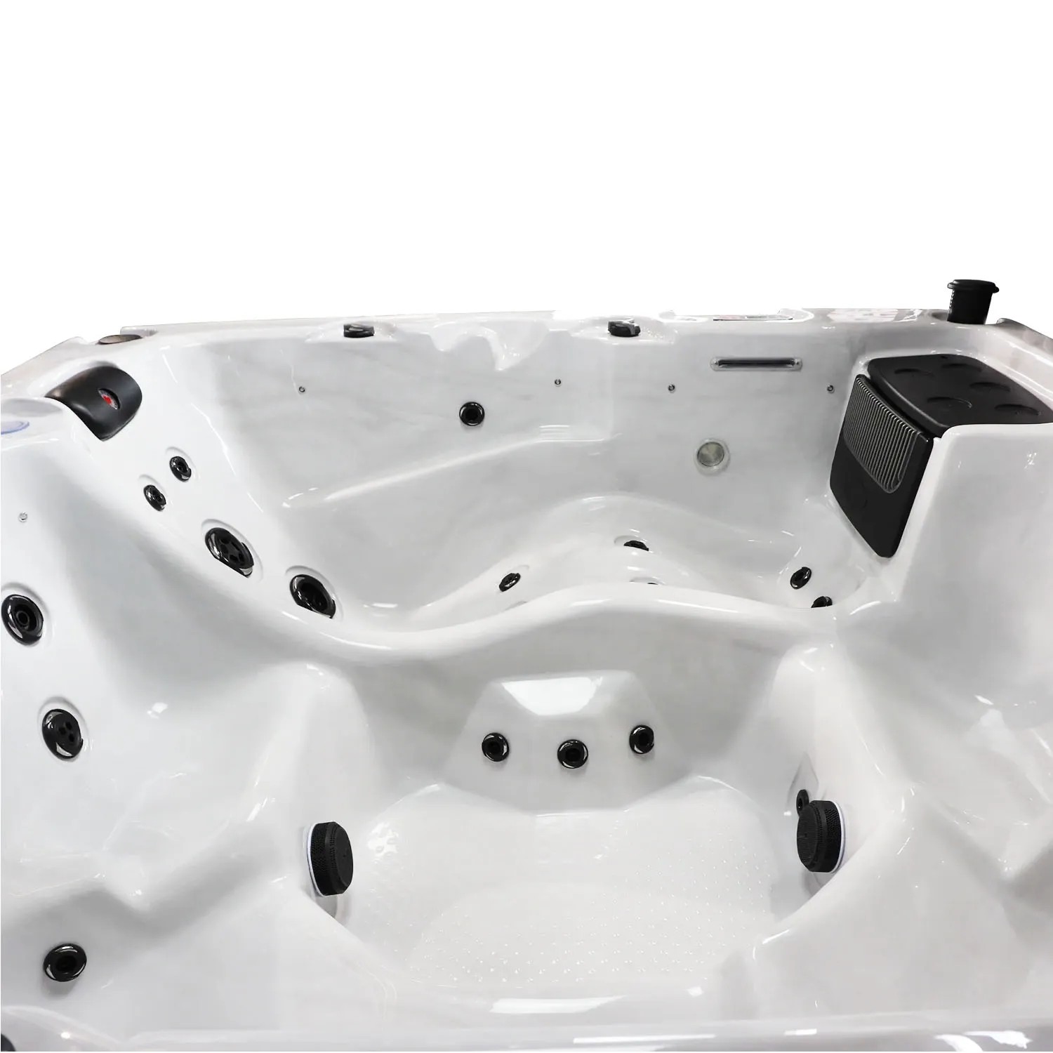 Weißer Canadian Spa Whirlpool ThunderBay mit schwarzen Düsen für bis zu 6 Personen.